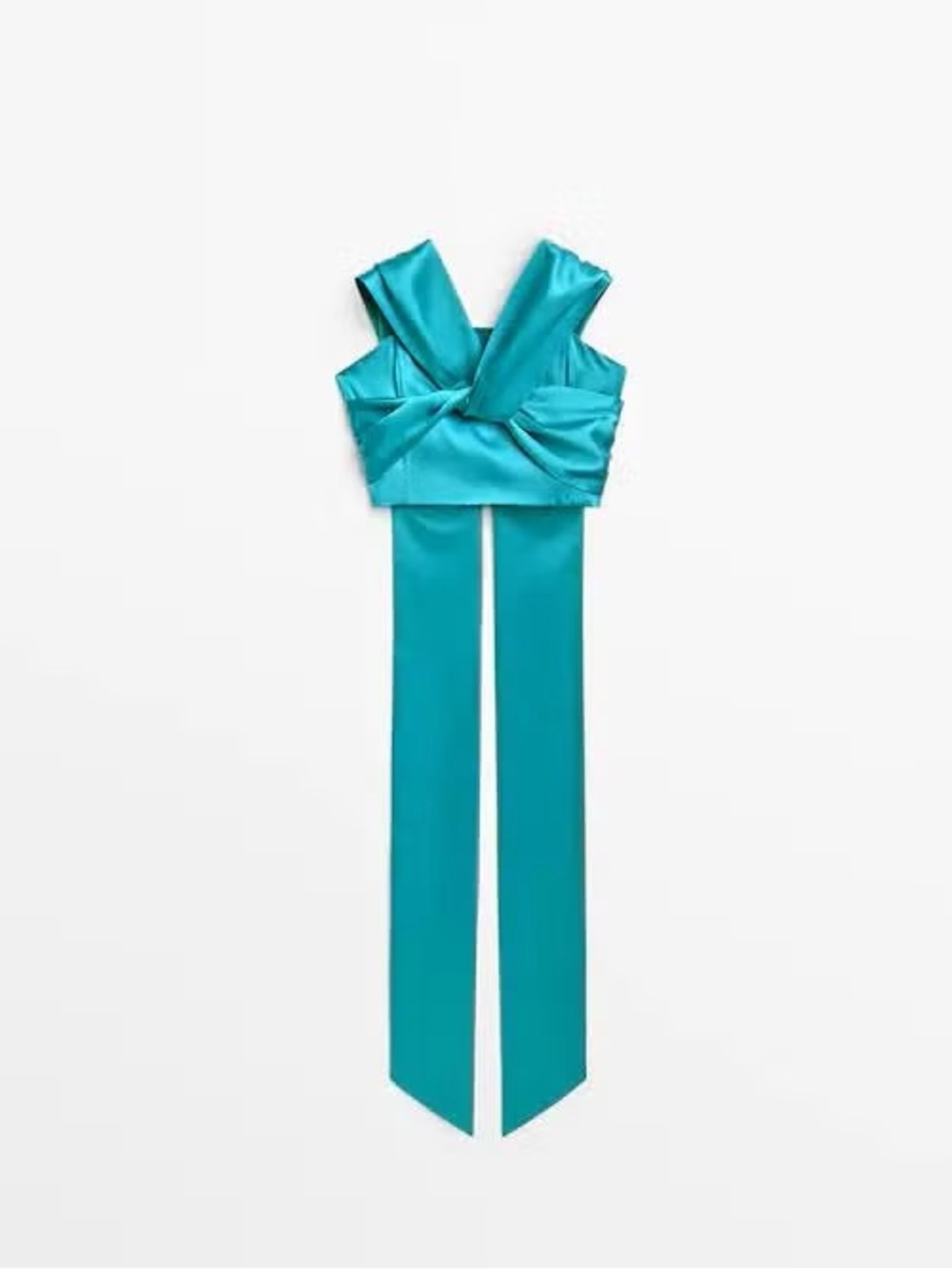 Massimo Dutti Teal Satin Cropped Wrap Top with Long Ties